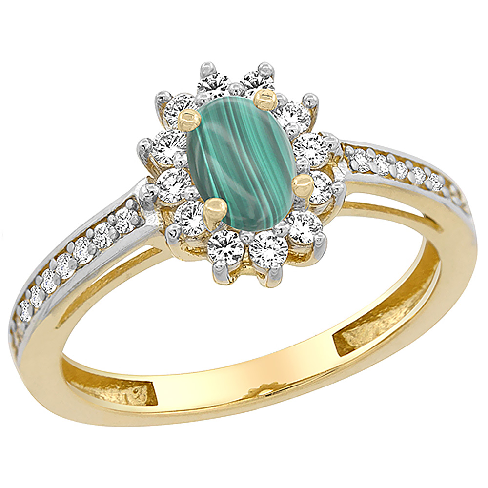 Sabrina Silver 10K Yellow Gold Natural Malachite Flower Halo Ring Oval 6x4 mm Diamond Accents, sizes 5 - 10