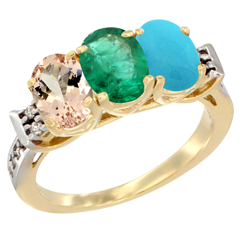 Sabrina Silver 14K Yellow Gold Natural Morganite, Emerald & Turquoise Ring 3-Stone Oval 7x5 mm Diamond Accent, sizes 5 - 10