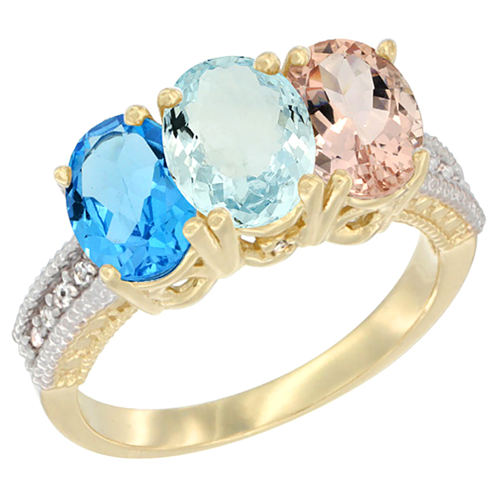 Sabrina Silver 14K Yellow Gold Natural Swiss Blue Topaz, Aquamarine & Morganite Ring 3-Stone 7x5 mm Oval Diamond Accent, sizes 5 - 10