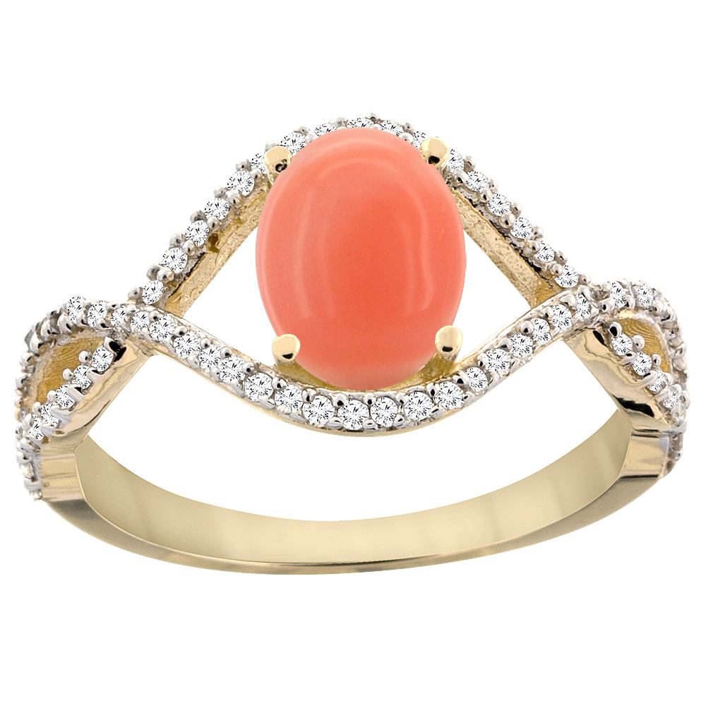 Sabrina Silver 14K Yellow Gold Natural Coral Ring Oval 8x6 mm Infinity Diamond Accents, sizes 5 - 10