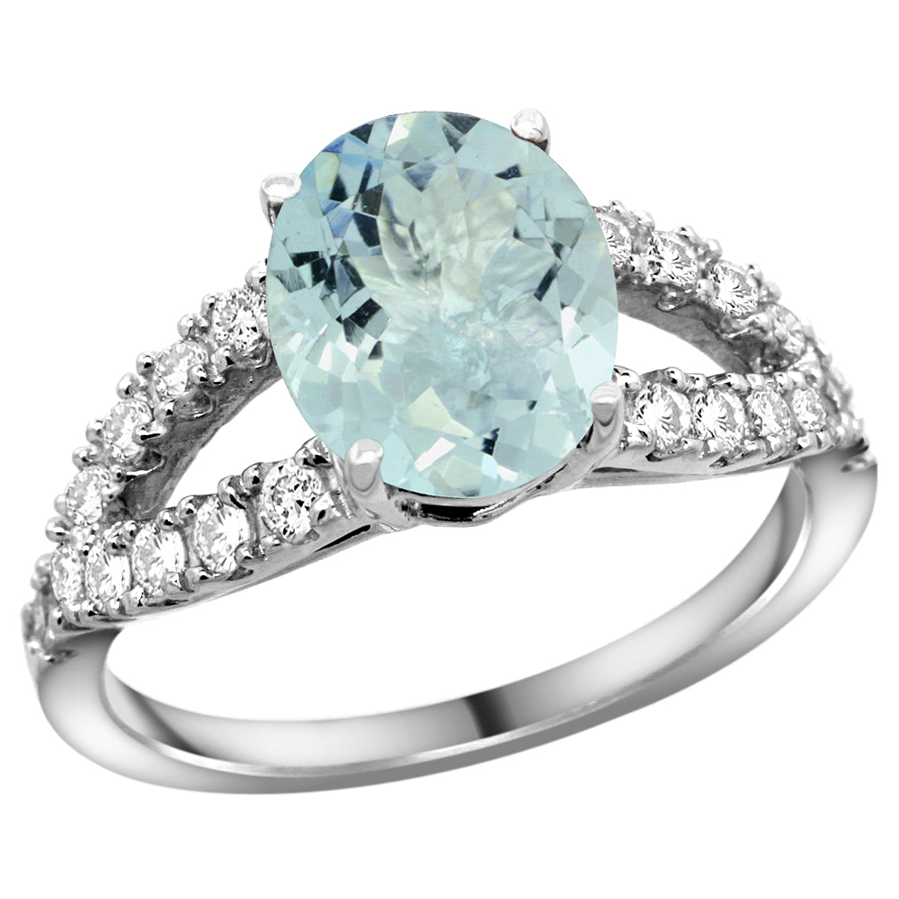 Sabrina Silver 14k White Gold Natural Aquamarine Ring Oval 10x8mm Diamond Accent, 3/8inch wide, sizes 5 - 10