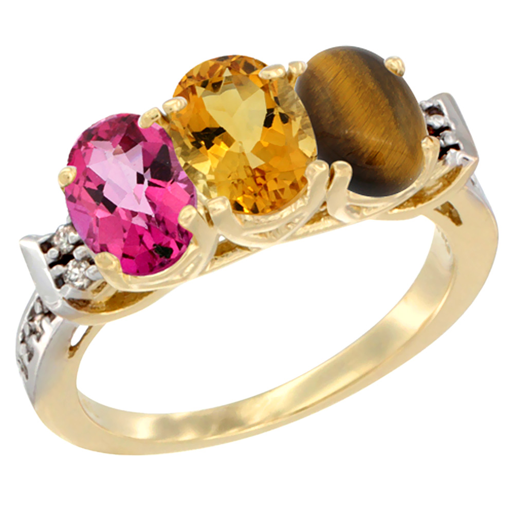 Sabrina Silver 10K Yellow Gold Natural Pink Topaz, Citrine & Tiger Eye Ring 3-Stone Oval 7x5 mm Diamond Accent, sizes 5 - 10