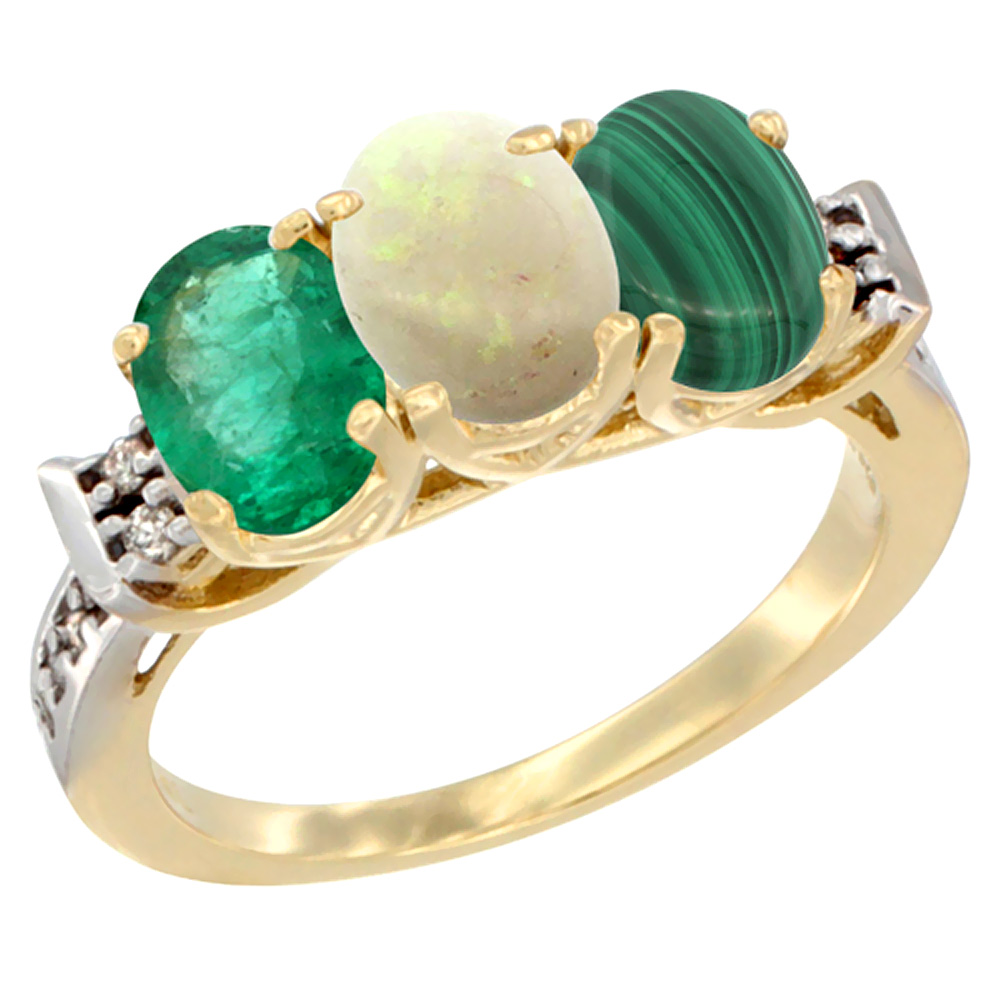 Sabrina Silver 14K Yellow Gold Natural Emerald, Opal & Malachite Ring 3-Stone Oval 7x5 mm Diamond Accent, sizes 5 - 10
