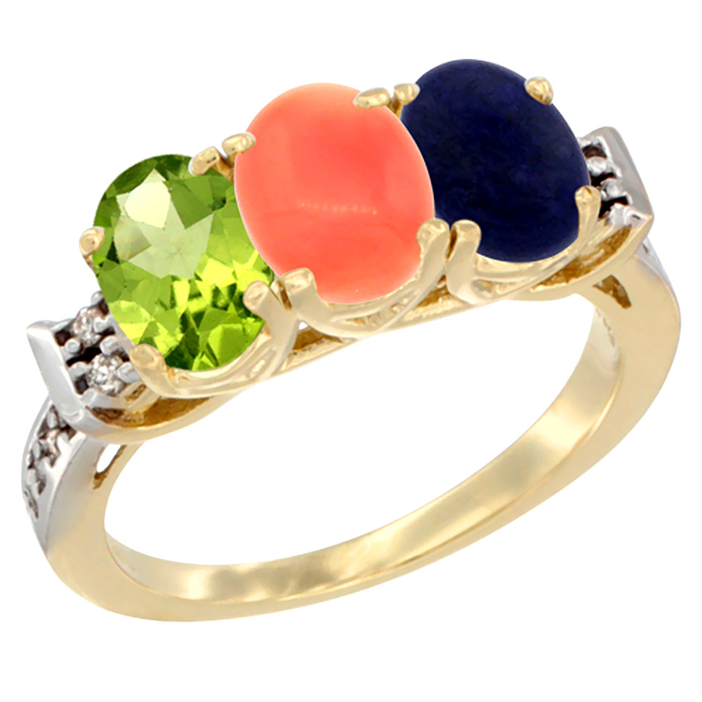 Sabrina Silver 14K Yellow Gold Natural Peridot, Coral & Lapis Ring 3-Stone Oval 7x5 mm Diamond Accent, sizes 5 - 10