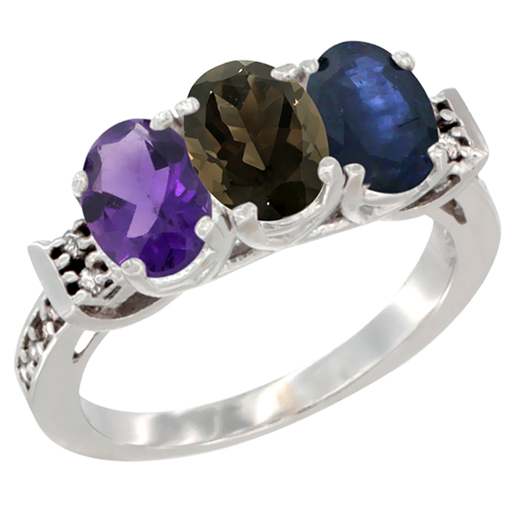 Sabrina Silver 14K White Gold Natural Amethyst, Smoky Topaz & Blue Sapphire Ring 3-Stone 7x5 mm Oval Diamond Accent, sizes 5 - 10