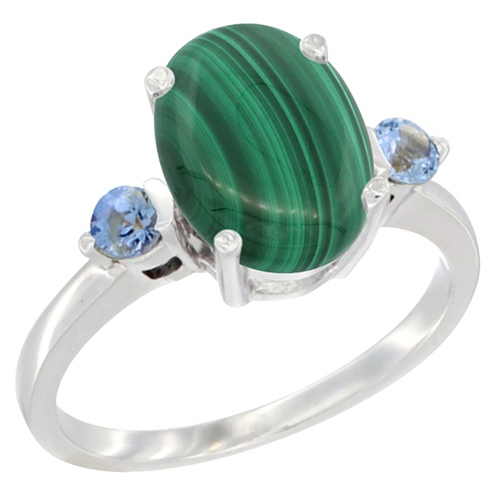 Sabrina Silver 10K White Gold 10x8mm Oval Natural Malachite Ring for Women Light Blue Sapphire Side-stones sizes 5 - 10