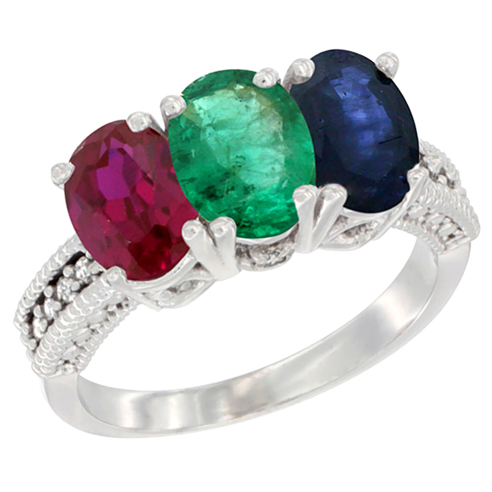 Sabrina Silver 14K White Gold Enhanced Enhanced Ruby, Natural Emerald & Blue Sapphire Ring 3-Stone Oval 7x5 mm Diamond Accent, sizes 5 - 10