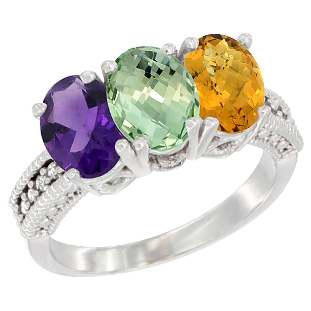 Sabrina Silver 14K White Gold Natural Amethyst, Green Amethyst & Whisky Quartz Ring 3-Stone 7x5 mm Oval Diamond Accent, sizes 5 - 10