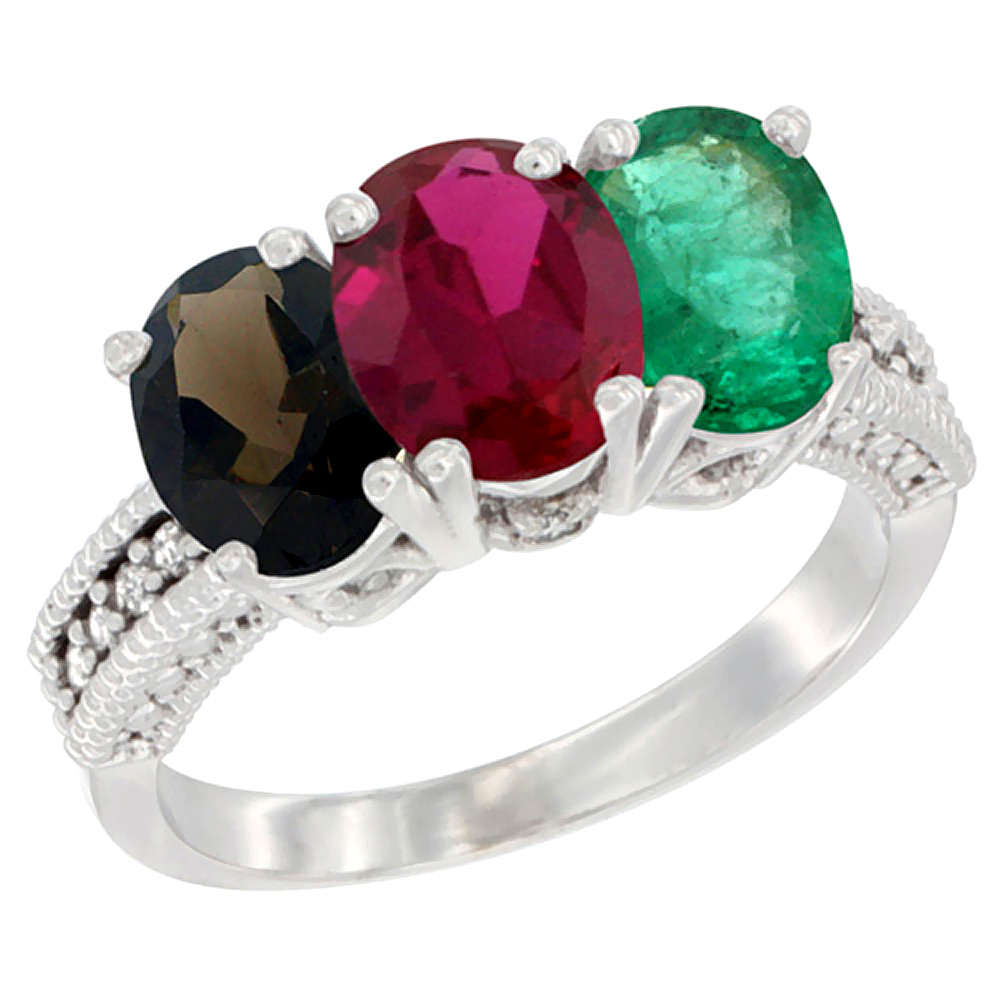 Sabrina Silver 10K White Gold Natural Smoky Topaz, Enhanced Ruby & Natural Emerald Ring 3-Stone Oval 7x5 mm Diamond Accent, sizes 5 - 10