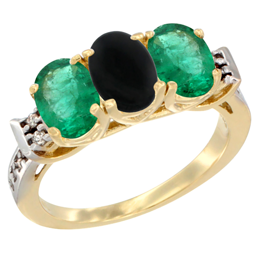Sabrina Silver 14K Yellow Gold Natural Black Onyx & Emerald Sides Ring 3-Stone Oval 7x5 mm Diamond Accent, sizes 5 - 10