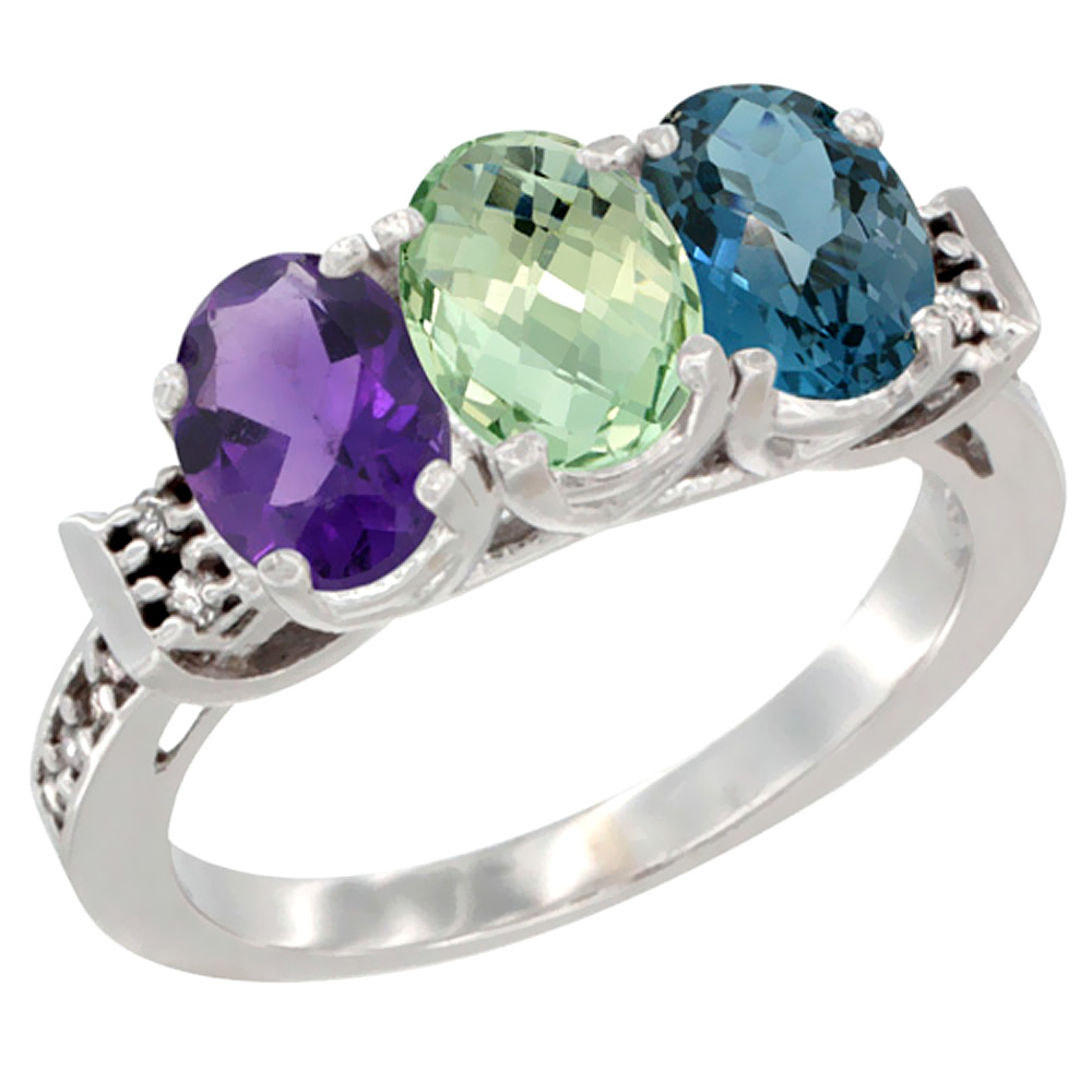 Sabrina Silver 14K White Gold Natural Amethyst, Green Amethyst & London Blue Topaz Ring 3-Stone 7x5 mm Oval Diamond Accent, sizes 5 - 10