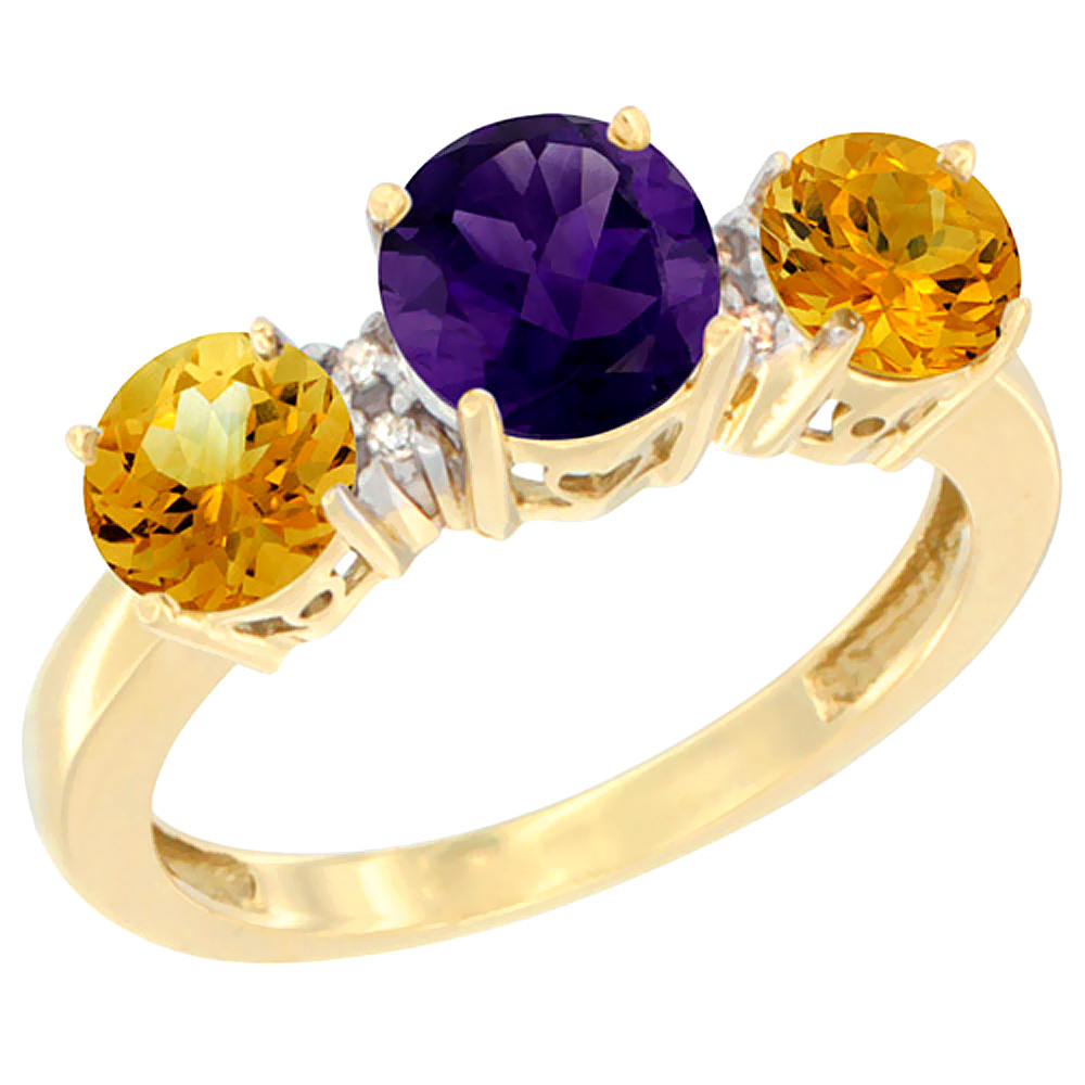 Sabrina Silver 14K Yellow Gold Round 3-Stone Natural Amethyst Ring & Citrine Sides Diamond Accent, sizes 5 - 10