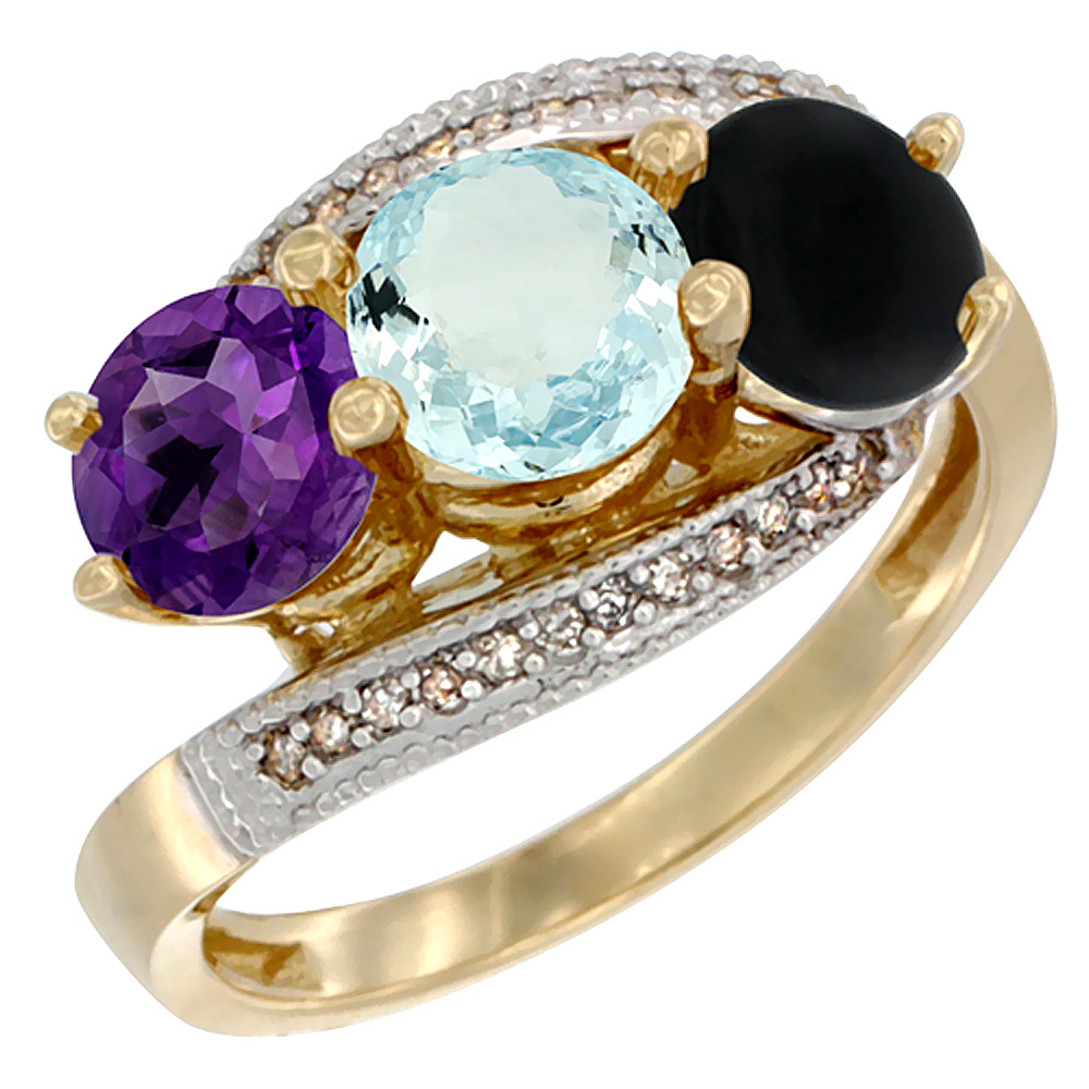 Sabrina Silver 14K Yellow Gold Natural Amethyst, Aquamarine & Black Onyx 3 stone Ring Round 6mm Diamond Accent, sizes 5 - 10