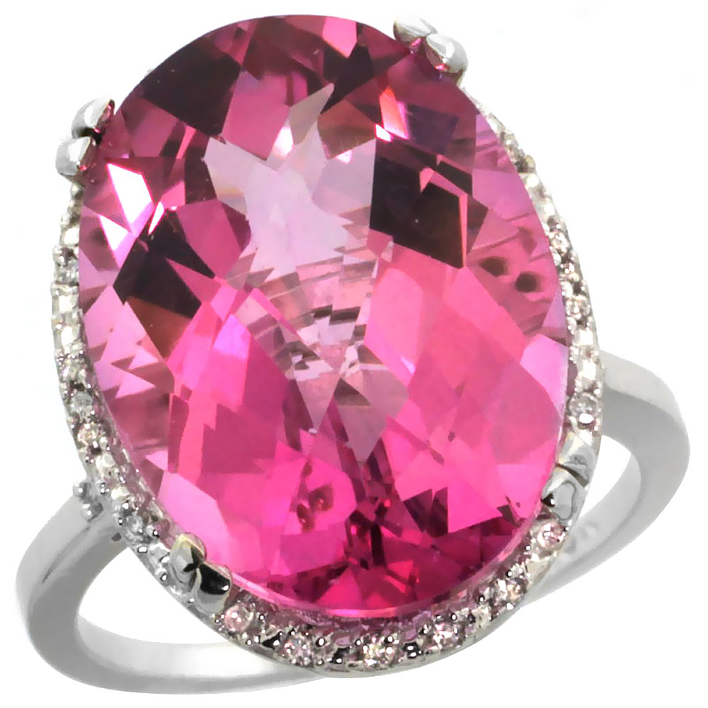 Sabrina Silver 14K White Gold Natural Pink Topaz Ring Large Oval 18x13mm Diamond Halo, sizes 5-10