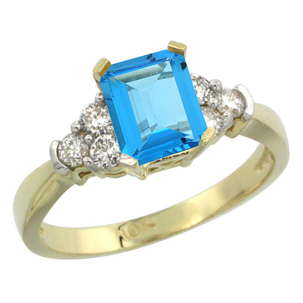 Sabrina Silver 10K Yellow Gold Genuine Blue Topaz Ring Octagon 7x5mm Diamond Accent sizes 5-10