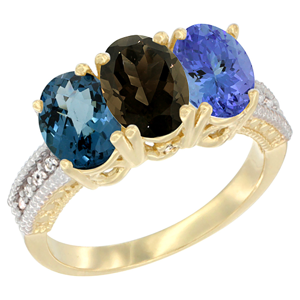 Sabrina Silver 10K Yellow Gold Diamond Natural London Blue Topaz, Smoky Topaz & Tanzanite Ring 3-Stone Oval 7x5 mm, sizes 5 - 10