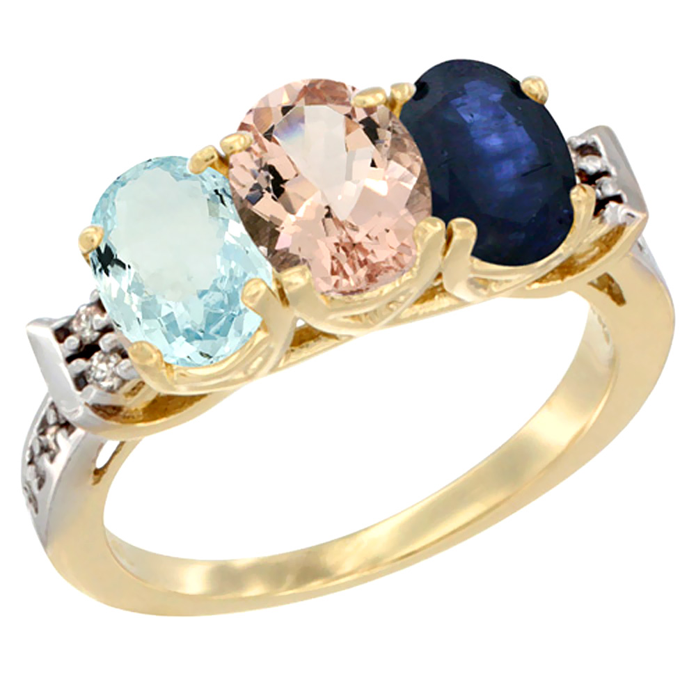 Sabrina Silver 10K Yellow Gold Natural Aquamarine, Morganite & Blue Sapphire Ring 3-Stone Oval 7x5 mm Diamond Accent, sizes 5 - 10