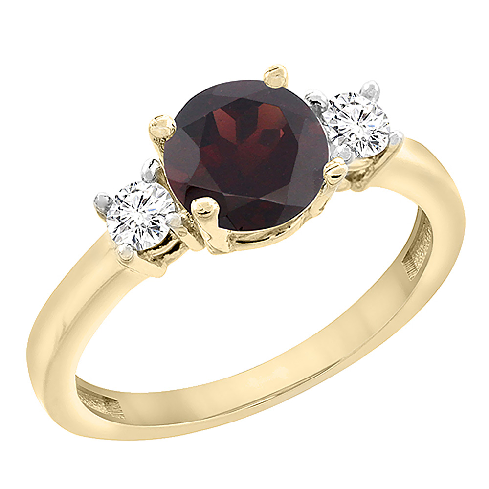 Sabrina Silver 10K Yellow Gold Diamond Natural Garnet Engagement Ring Round 7mm, sizes 5 to 10 with half sizes
