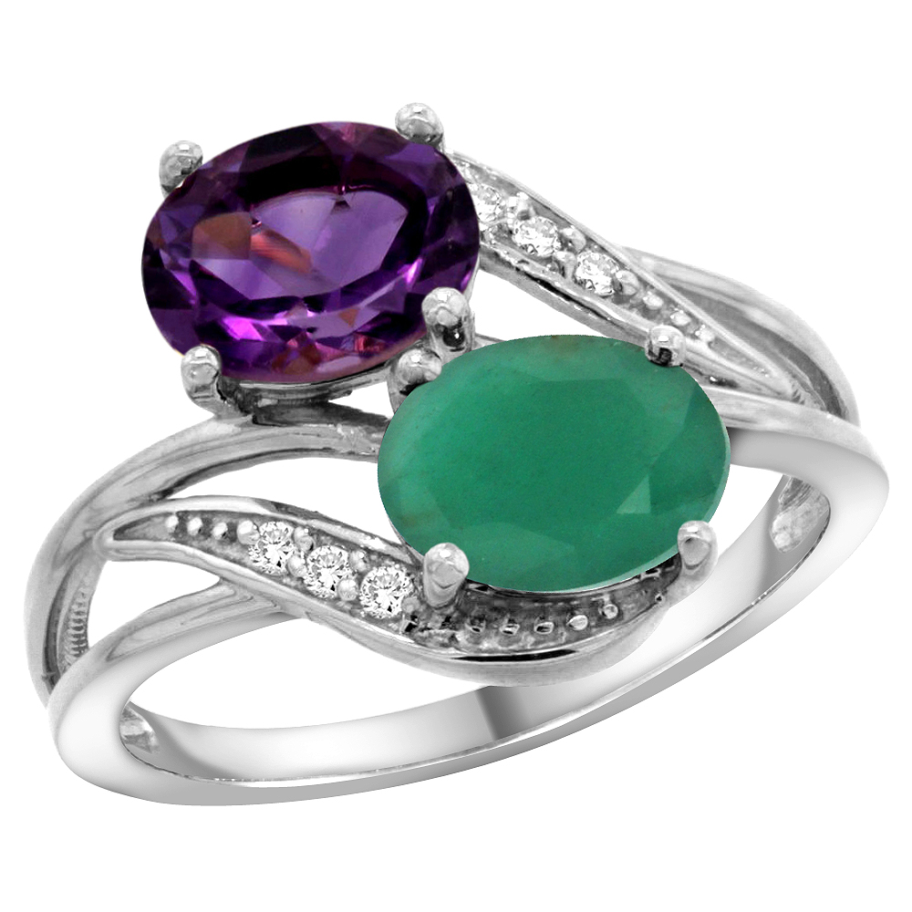 Sabrina Silver 10K White Gold Diamond Natural Amethyst & Quality Emerald 2-stone Mothers Ring Oval 8x6mm, size 5 - 10