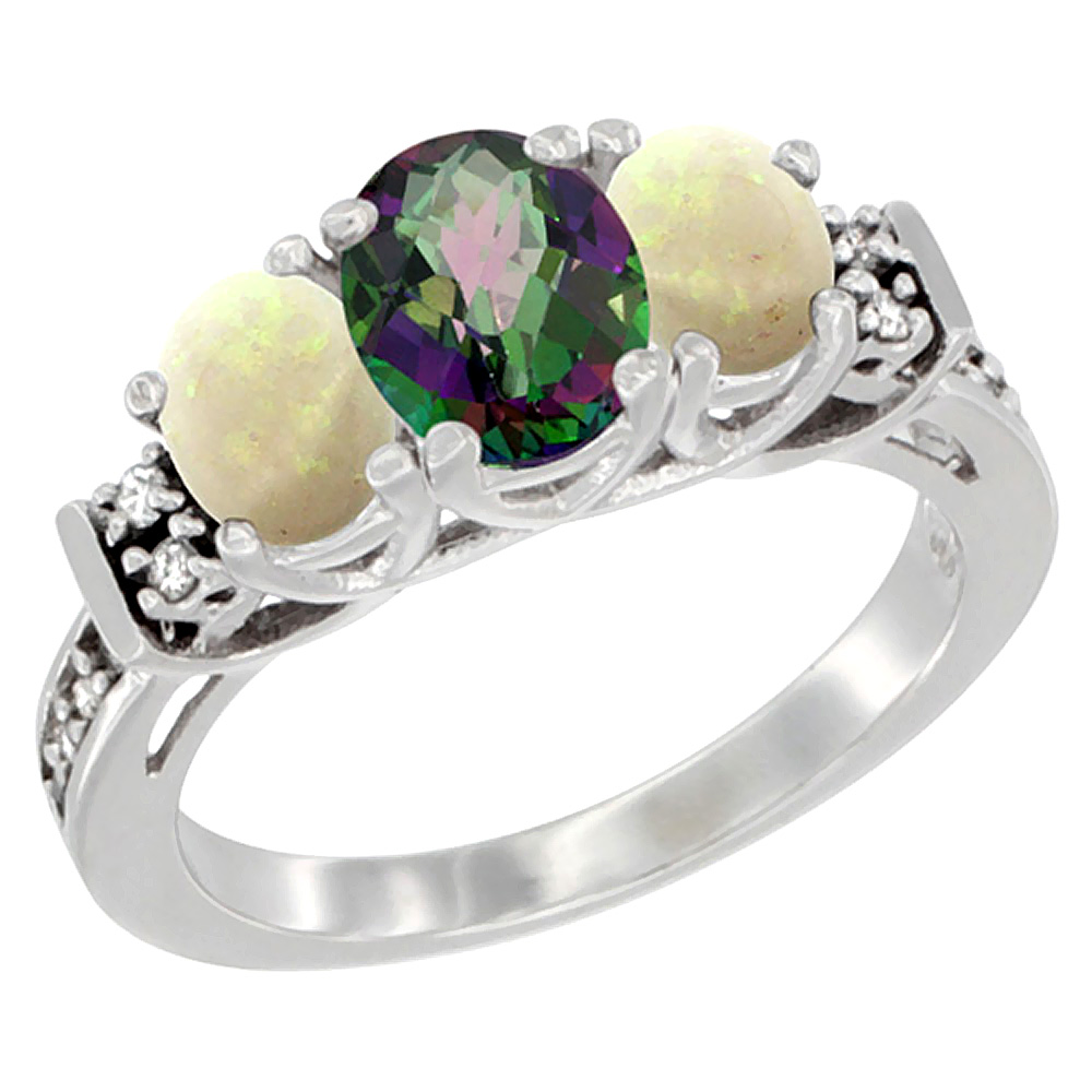 Sabrina Silver 10K White Gold Natural Mystic Topaz & Opal Ring 3-Stone Oval Diamond Accent, sizes 5-10