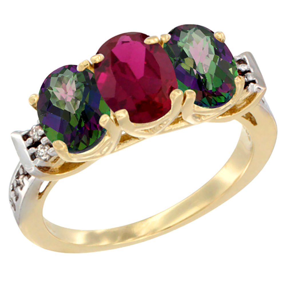 Sabrina Silver 10K Yellow Gold Enhanced Ruby & Natural Mystic Topaz Sides Ring 3-Stone Oval 7x5 mm Diamond Accent, sizes 5 - 10
