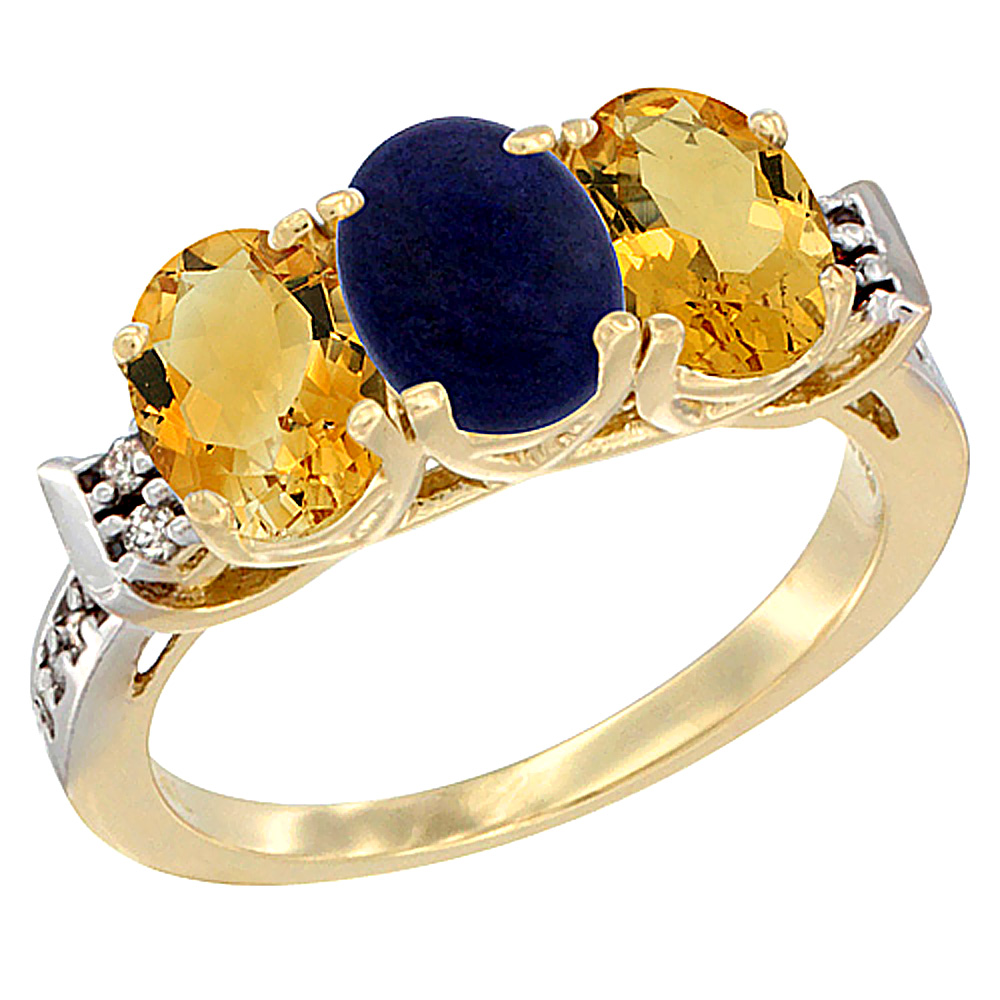 Sabrina Silver 10K Yellow Gold Natural Lapis & Citrine Sides Ring 3-Stone Oval 7x5 mm Diamond Accent, sizes 5 - 10