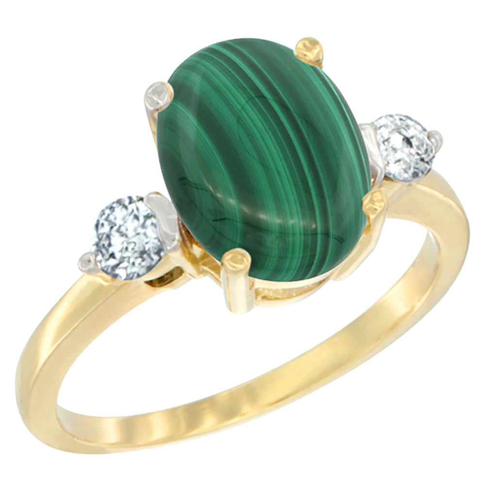 Sabrina Silver 10K Yellow Gold 10x8mm Oval Natural Malachite Ring for Women Diamond Side-stones sizes 5 - 10