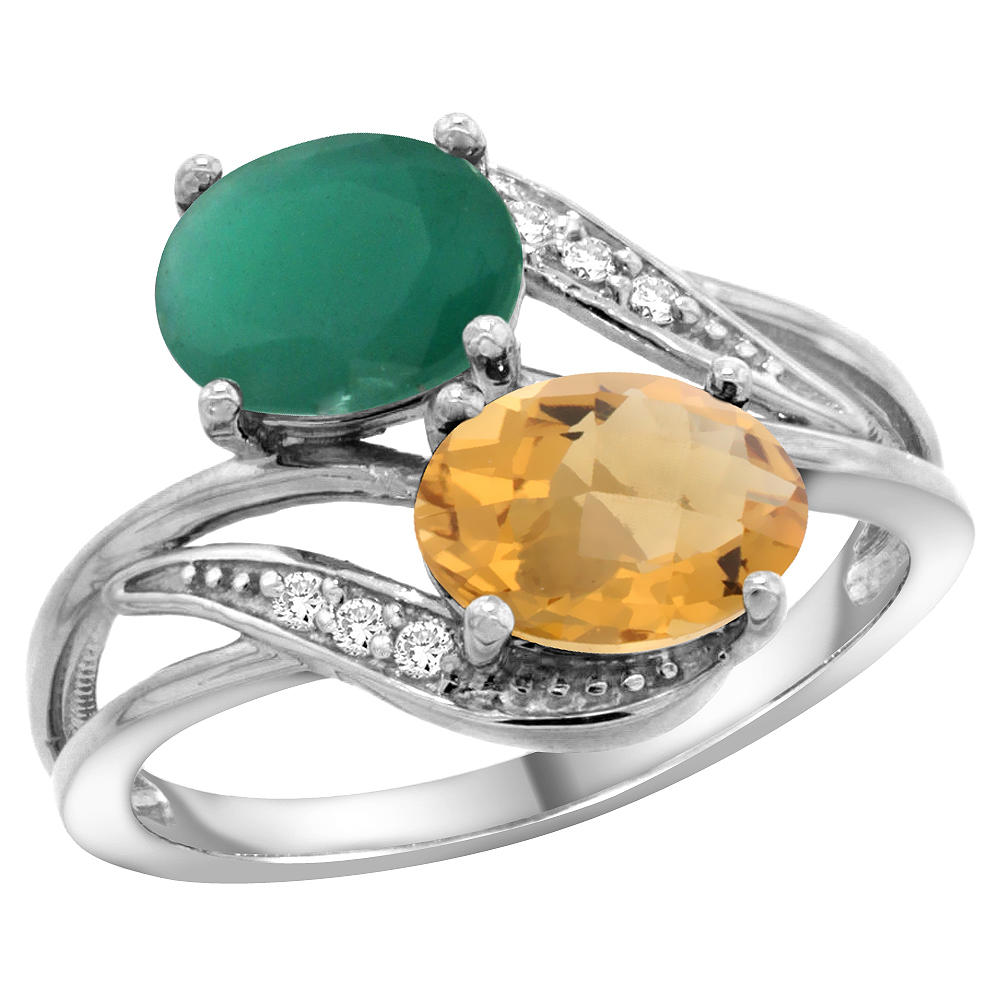 Sabrina Silver 14K White Gold Diamond Natural Quality Emerald & Whisky Quartz 2-stone Mothers Ring Oval 8x6mm, sz 5 - 10