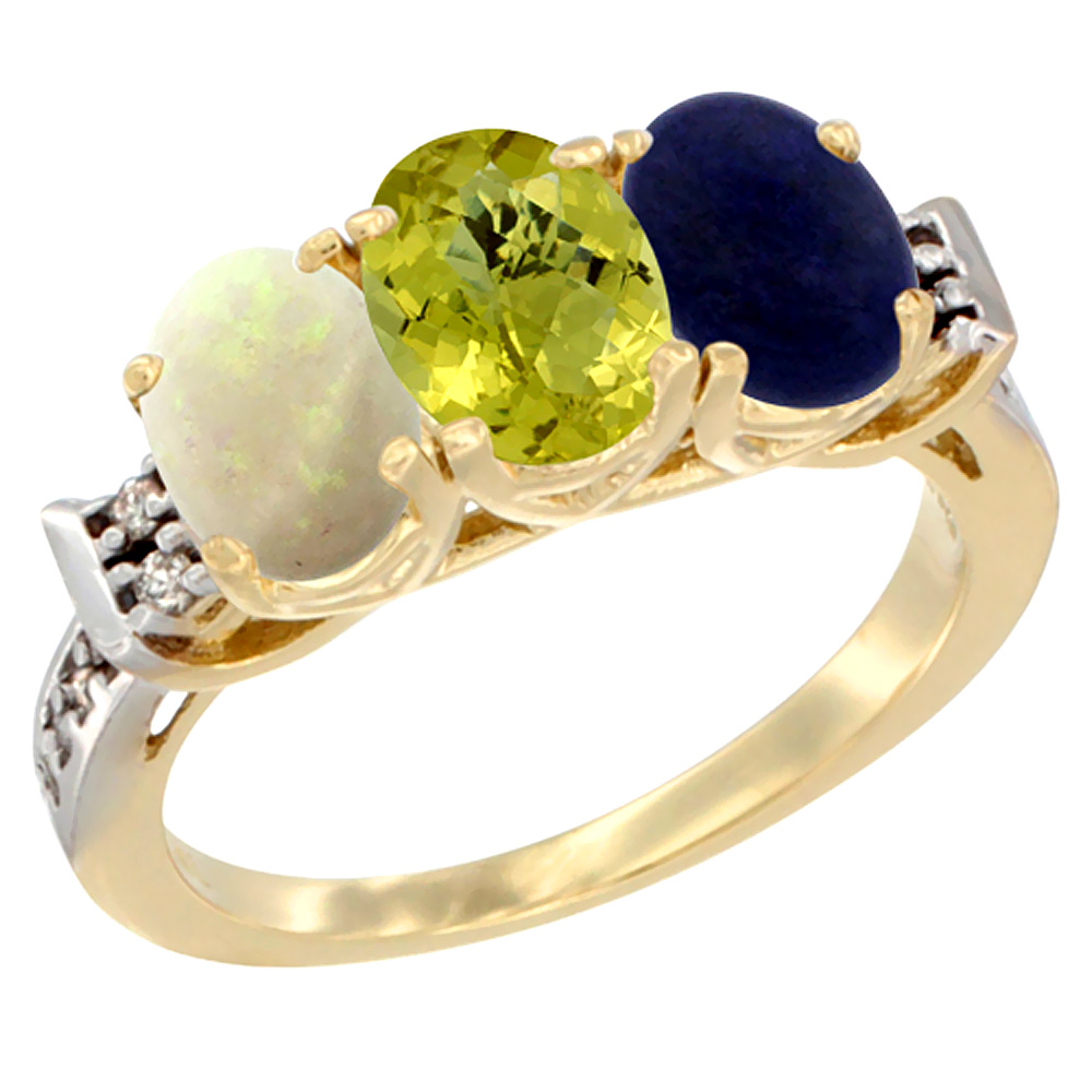 Sabrina Silver 14K Yellow Gold Natural Opal, Lemon Quartz & Lapis Ring 3-Stone Oval 7x5 mm Diamond Accent, sizes 5 - 10