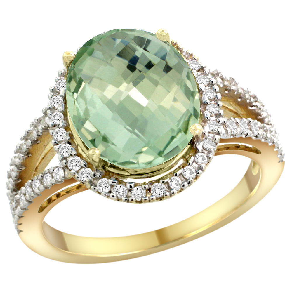 Sabrina Silver 14k Yellow Gold Natural Green Amethyst Ring Oval 12x10mm Diamond Accents, sizes 5 - 10