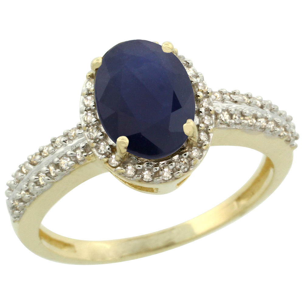 Sabrina Silver 14K Yellow Gold Diamond Halo Natural Quality Blue Sapphire Engagement Ring Oval 8x6mm, size 5-10