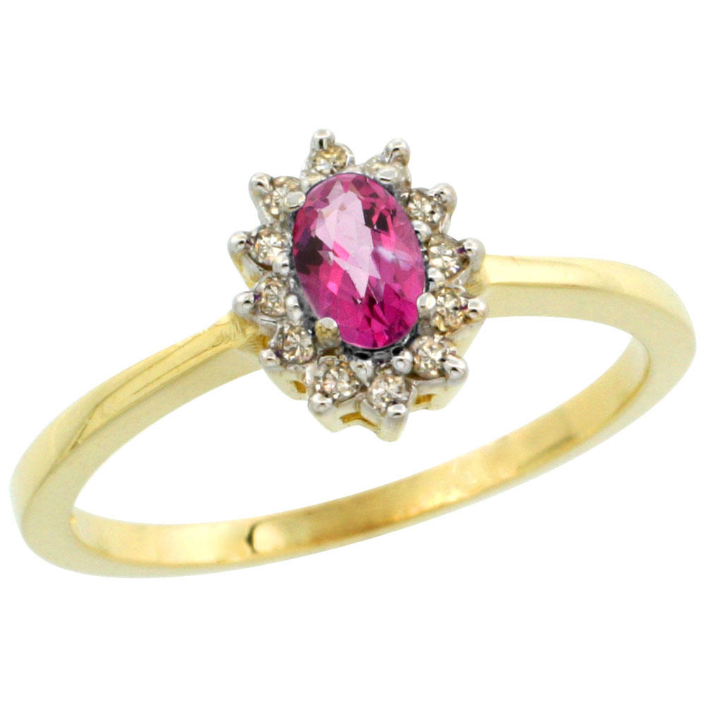 Sabrina Silver 14K Yellow Gold Natural Pink Topaz Ring Oval 5x3mm Diamond Halo, sizes 5-10
