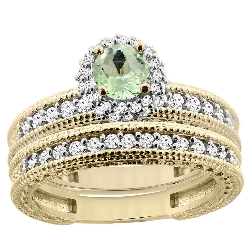 Sabrina Silver 14K Yellow Gold Diamond Natural Green Amethyst Round 4mm Engagement Ring 2-piece Set, sizes 5 - 10