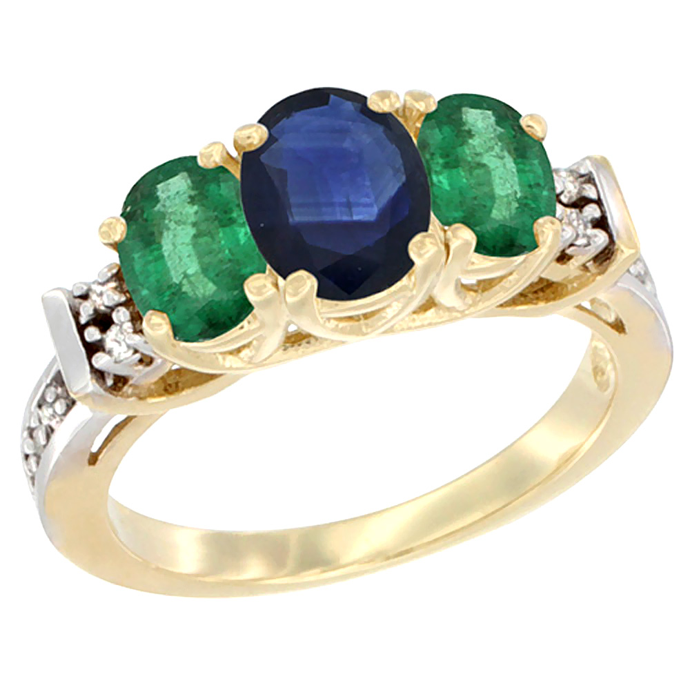 Sabrina Silver 14K Yellow Gold Natural Blue Sapphire & Emerald Ring 3-Stone Oval Diamond Accent