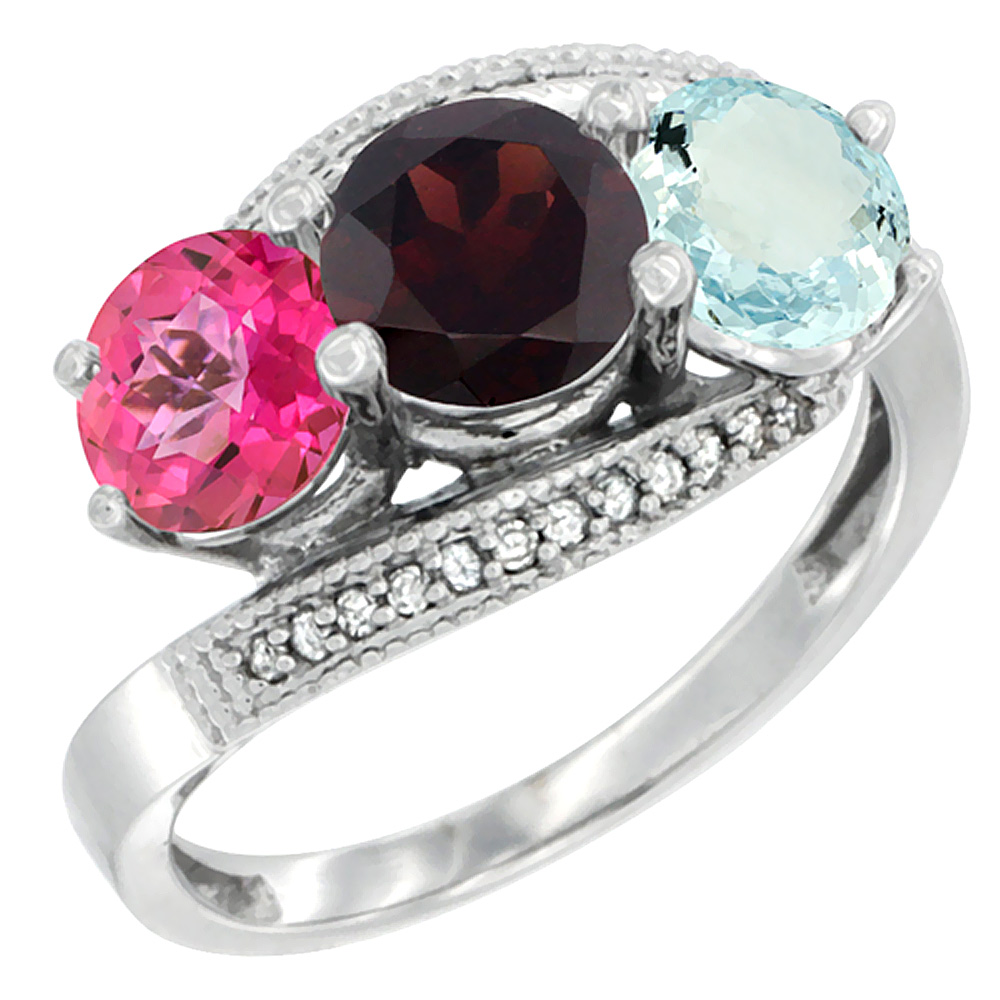 Sabrina Silver 10K White Gold Natural Pink Topaz, Garnet & Aquamarine 3 stone Ring Round 6mm Diamond Accent, sizes 5 - 10