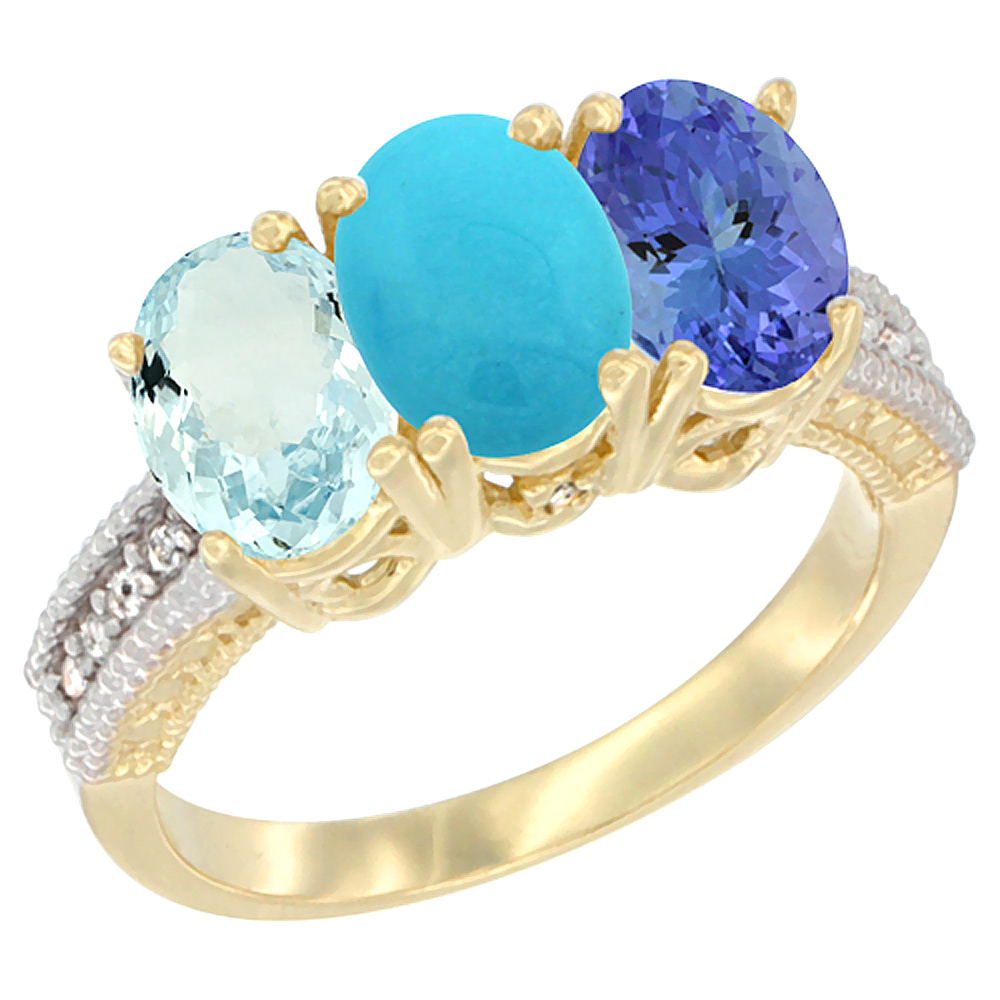 Sabrina Silver 14K Yellow Gold Natural Aquamarine, Turquoise & Tanzanite Ring 3-Stone Oval 7x5 mm Diamond Accent, sizes 5 - 10