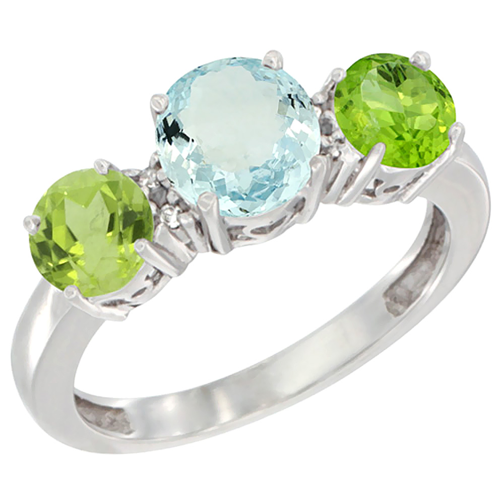 Sabrina Silver 14K White Gold Round 3-Stone Natural Aquamarine Ring & Peridot Sides Diamond Accent, sizes 5 - 10