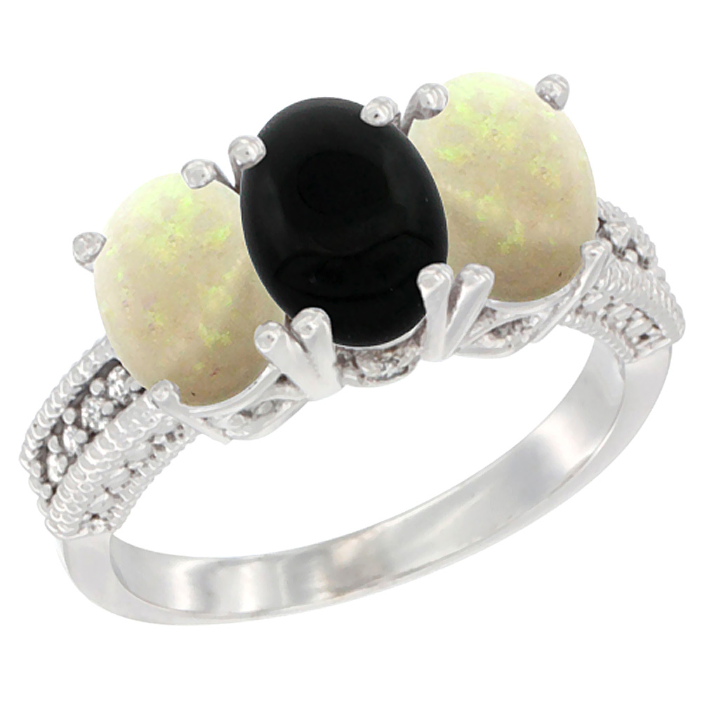 Sabrina Silver 14K White Gold Natural Black Onyx & Opal Sides Ring 3-Stone 7x5 mm Oval Diamond Accent, sizes 5 - 10