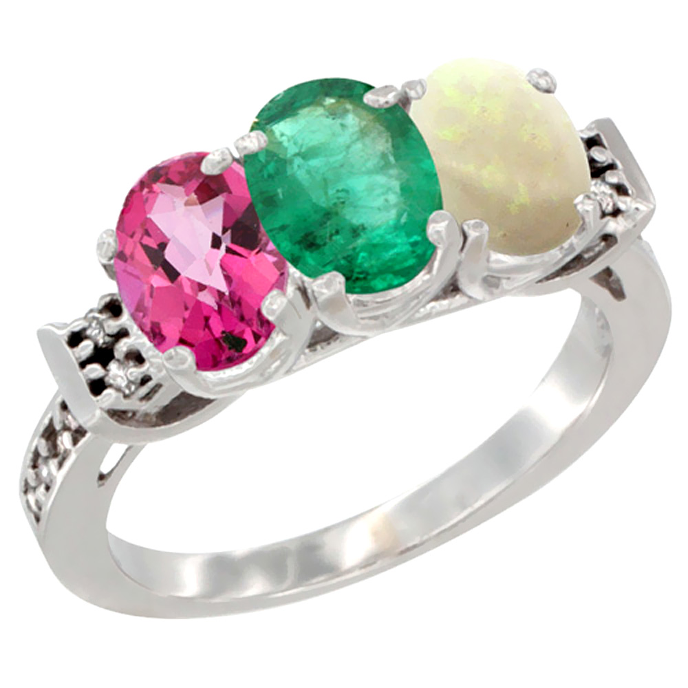 Sabrina Silver 14K White Gold Natural Pink Topaz, Emerald & Opal Ring 3-Stone Oval 7x5 mm Diamond Accent, sizes 5 - 10