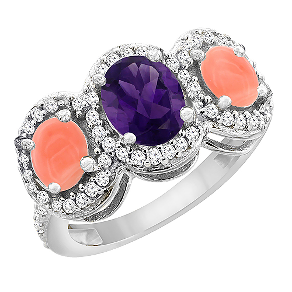 Sabrina Silver 10K White Gold Natural Amethyst & Coral 3-Stone Ring Oval Diamond Accent, sizes 5 - 10