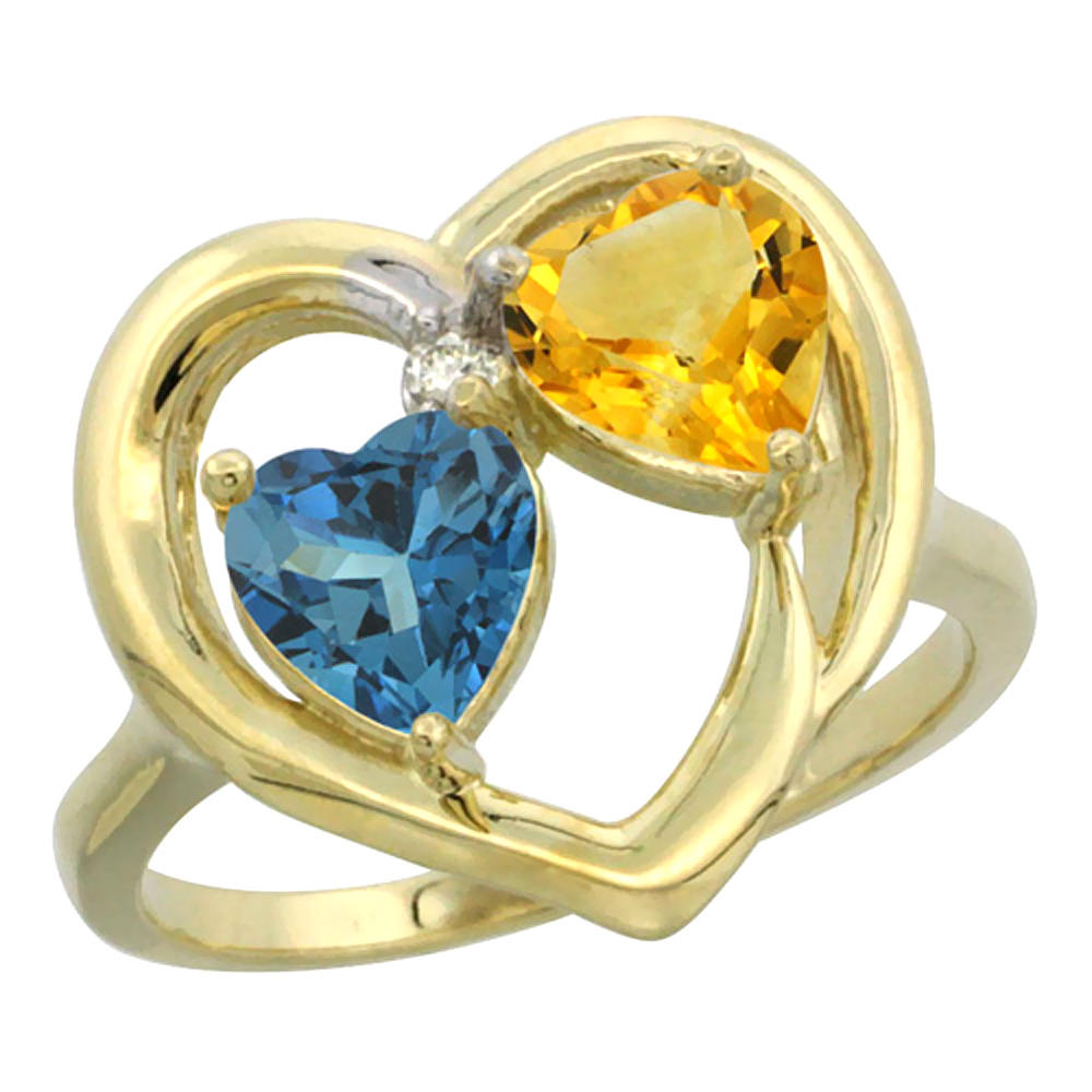 Sabrina Silver 10K Yellow Gold Diamond Two-stone Heart Ring 6mm Natural London Blue Topaz & Citrine, sizes 5-10