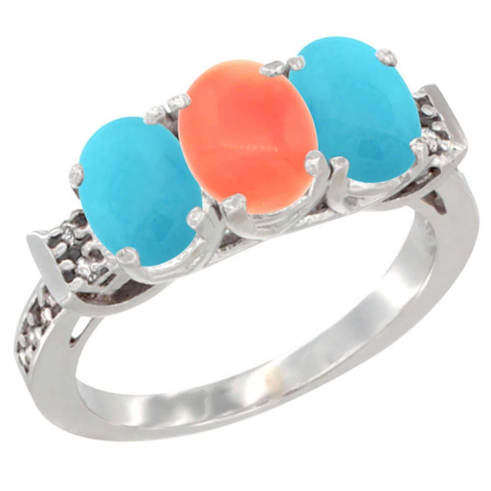 Sabrina Silver 14K White Gold Natural Coral & Turquoise Sides Ring 3-Stone Oval 7x5 mm Diamond Accent, sizes 5 - 10