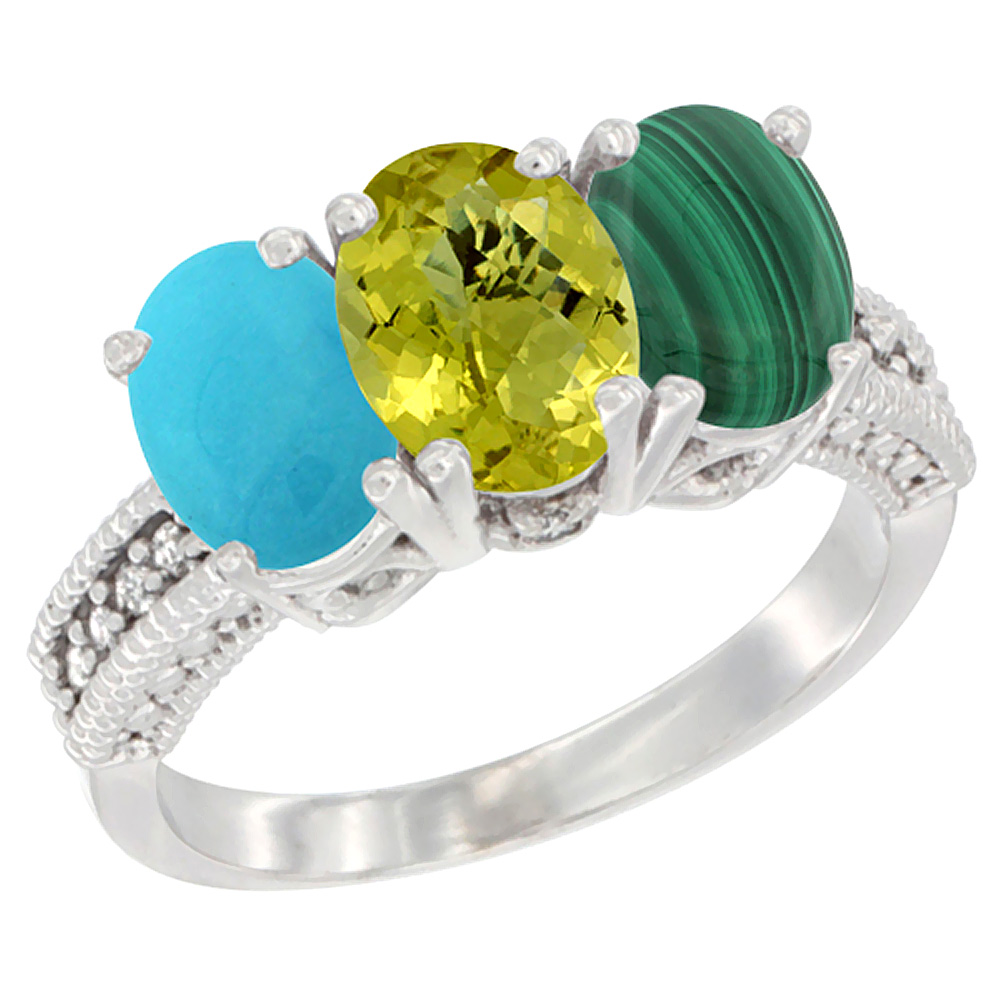 Sabrina Silver 14K White Gold Natural Turquoise, Lemon Quartz & Malachite Ring 3-Stone 7x5 mm Oval Diamond Accent, sizes 5 - 10