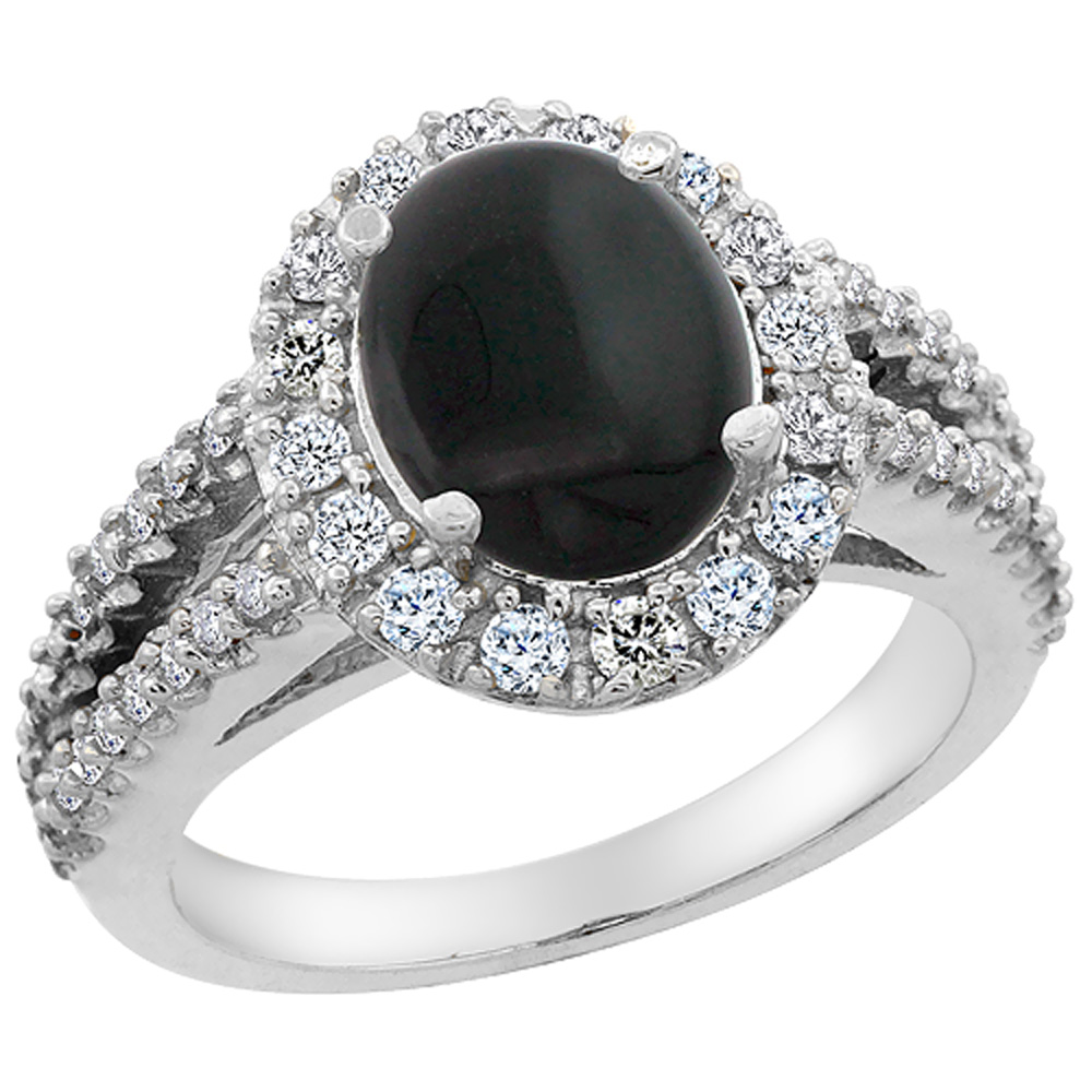 Sabrina Silver 10K White Gold Diamond Natural Black Onyx Engagement Ring Oval 10x8mm, sizes 5-10