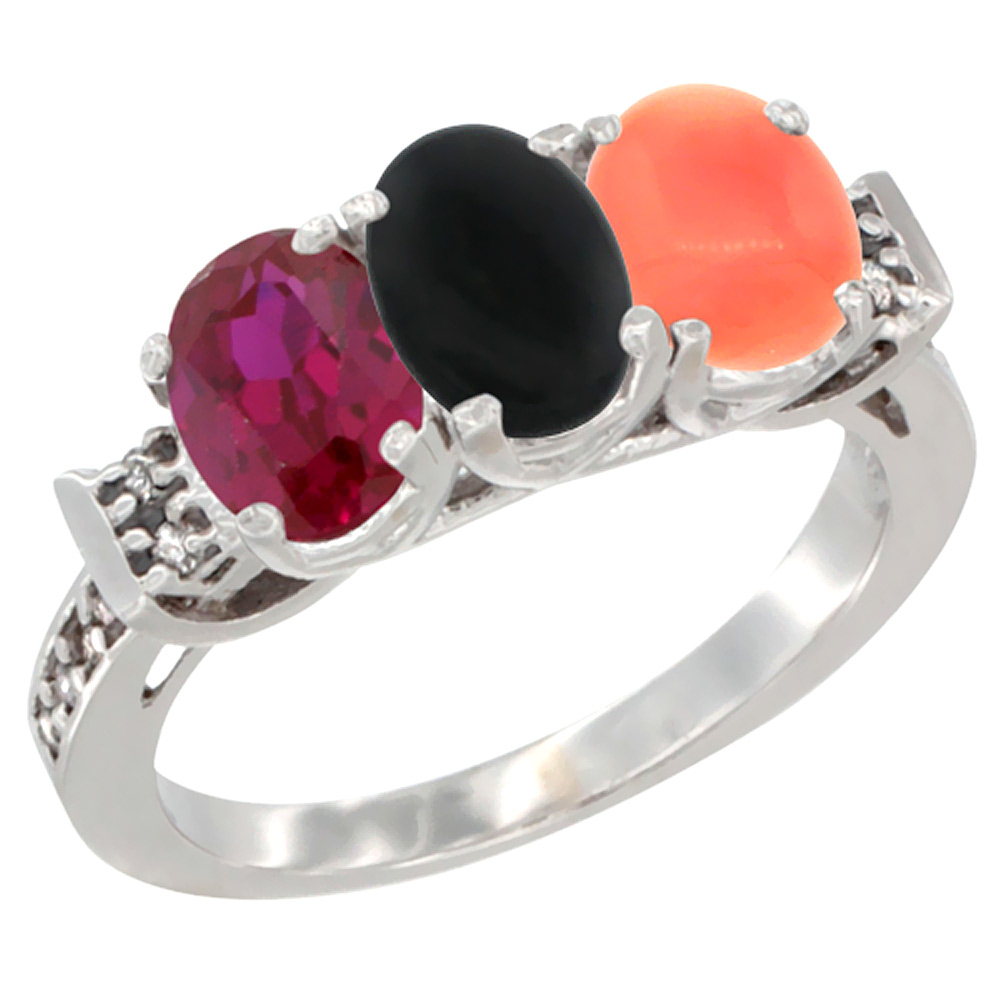 Sabrina Silver 10K White Gold Enhanced Ruby, Natural Black Onyx & Coral Ring 3-Stone Oval 7x5 mm Diamond Accent, sizes 5 - 10