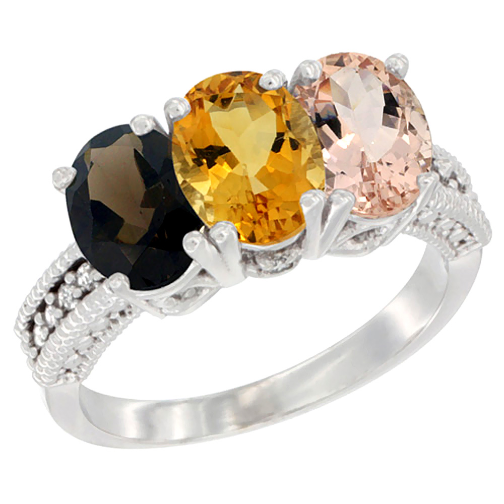 Sabrina Silver 14K White Gold Natural Smoky Topaz, Citrine & Morganite Ring 3-Stone 7x5 mm Oval Diamond Accent, sizes 5 - 10
