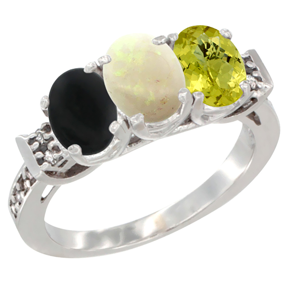 Sabrina Silver 14K White Gold Natural Black Onyx, Opal & Lemon Quartz Ring 3-Stone Oval 7x5 mm Diamond Accent, sizes 5 - 10