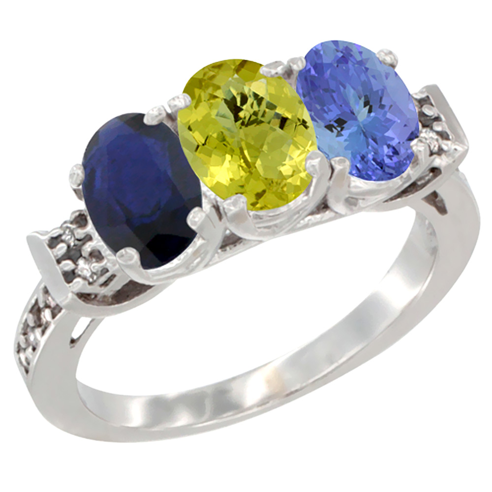 Sabrina Silver 10K White Gold Natural Blue Sapphire, Lemon Quartz & Tanzanite Ring 3-Stone Oval 7x5 mm Diamond Accent, sizes 5 - 10