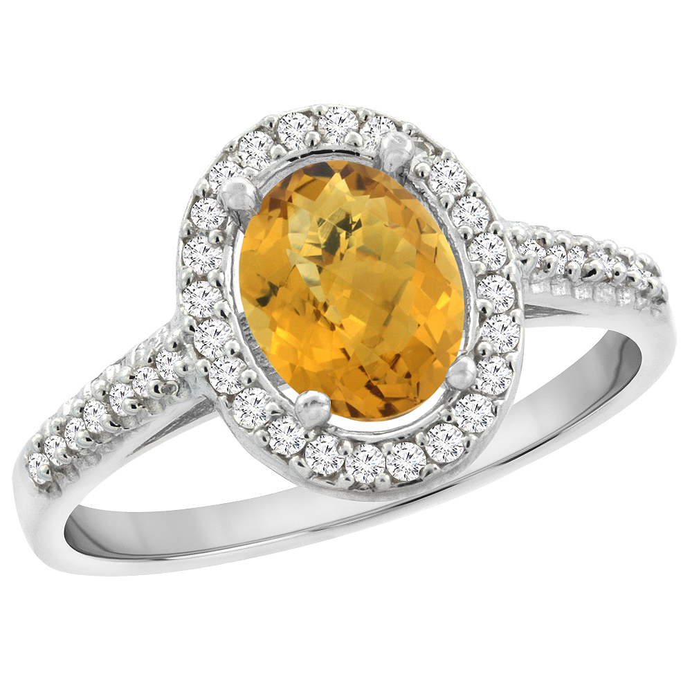 Sabrina Silver 10K White Gold Natural Whisky Quartz Engagement Ring Oval 7x5 mm Diamond Halo, sizes 5 - 10