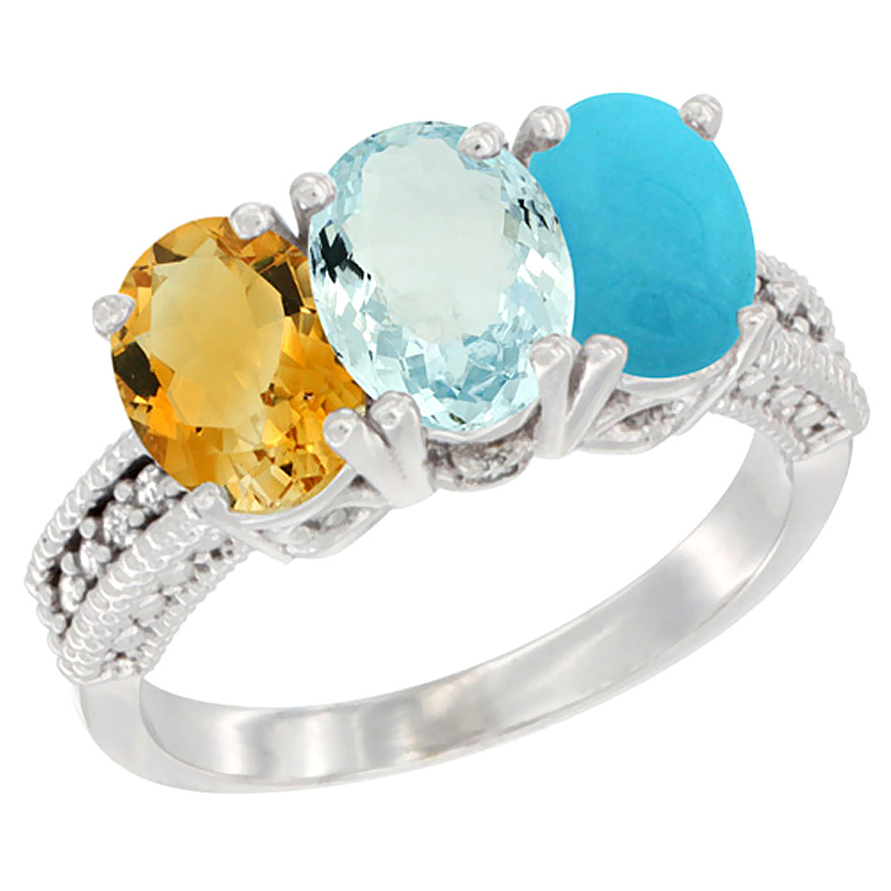 Sabrina Silver 14K White Gold Natural Citrine, Aquamarine & Turquoise Ring 3-Stone 7x5 mm Oval Diamond Accent, sizes 5 - 10